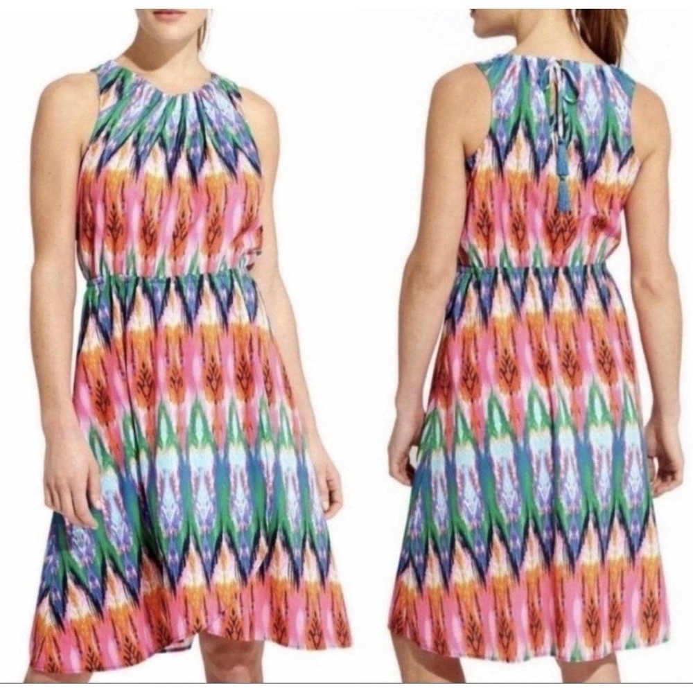 Athleta Womens S Multicolor Ikat Boho Faux Wrap‎ Blue Tassels Tie Summer Dress